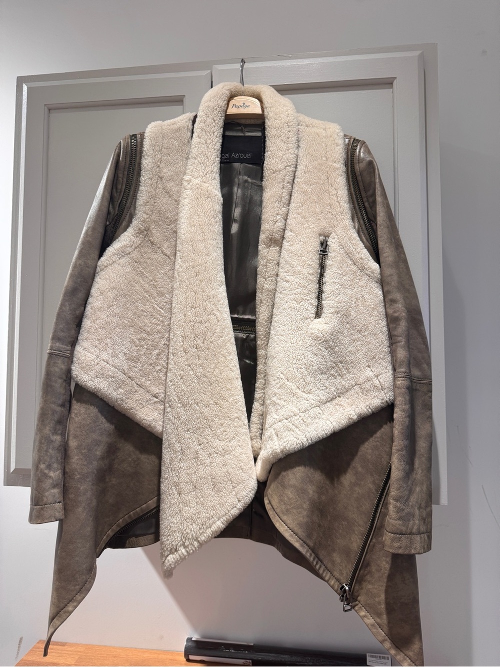 Yigal Azrouel Cream Shearling Front Taupe Leather Jacket